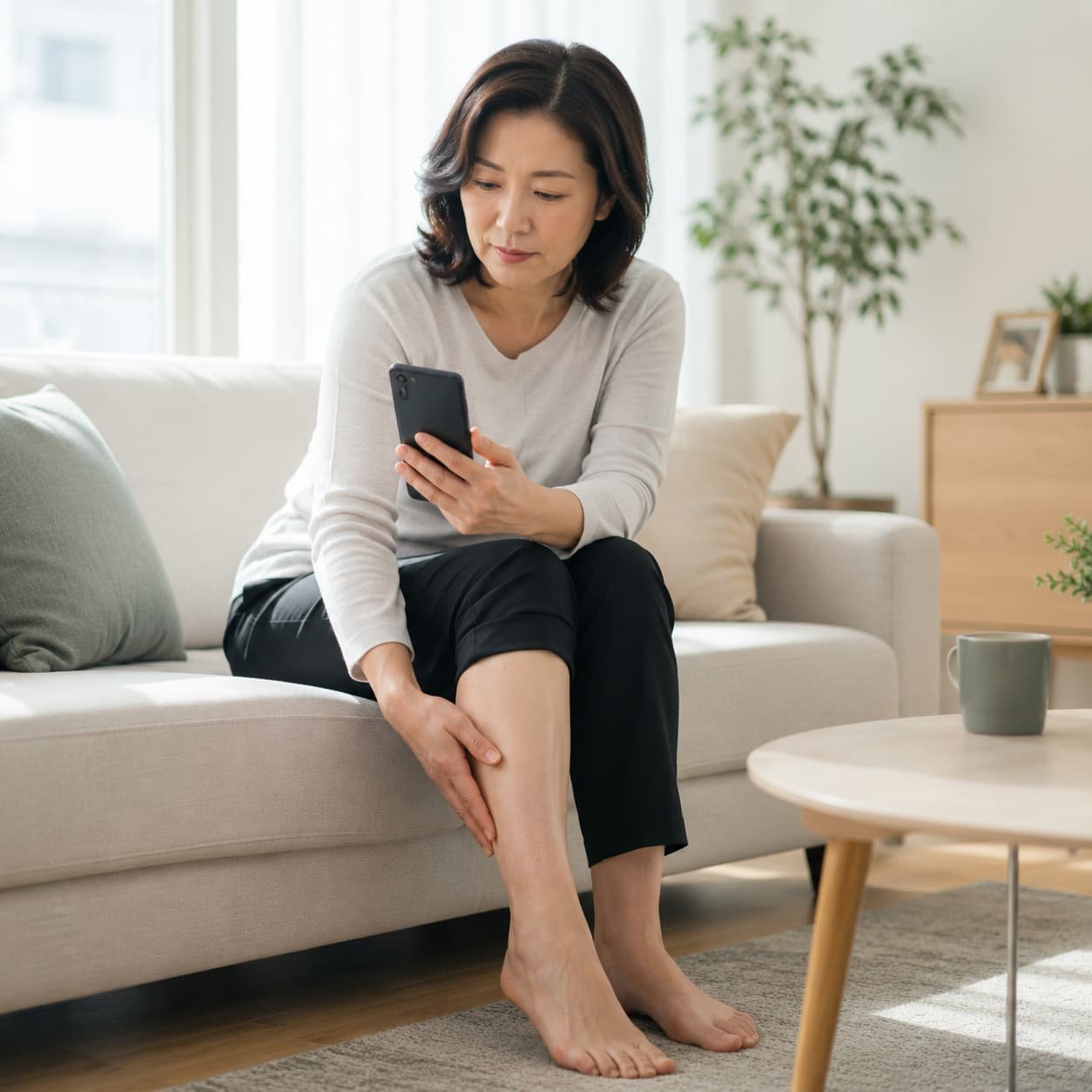 부산 비만클리닉 마운자로 위고비 처방 전 다리부종 확인하는 여성