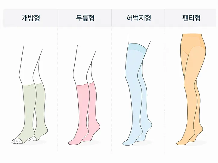 압박스타킹의 종류. 개방형, 무릎형, 허벅지형, 팬티형