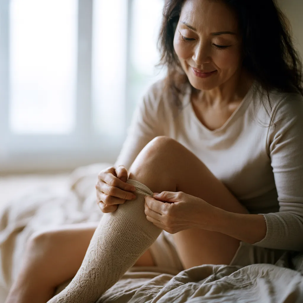 아침에 의료용 압박스타킹을 착용하는 한국 여성의 일상 루틴