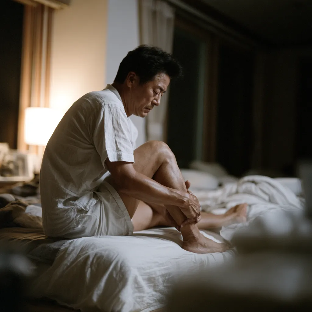 부산 다리 쥐나는 이유 야간 종아리 경련으로 잠에서 깬 모습