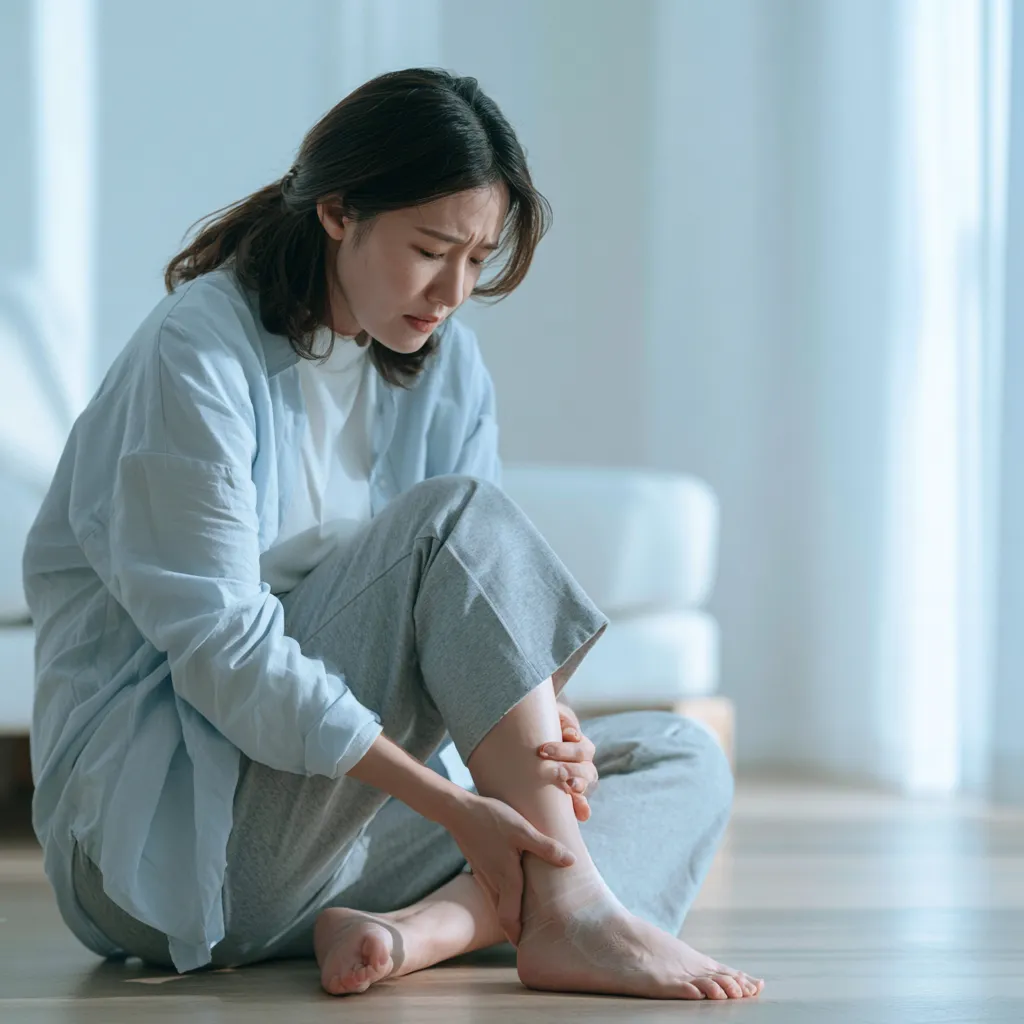 하체 비만 부종으로 다리 무거움과 발목 붓기를 느끼는 모습