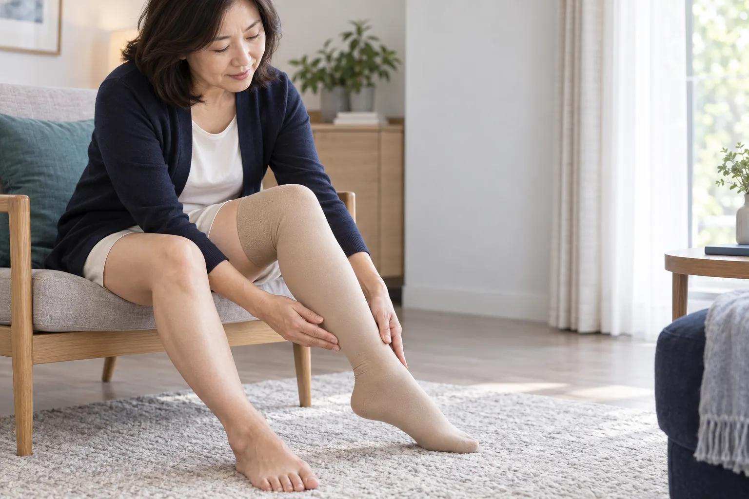 하지정맥류 압박스타킹의 발목 주름과 착용 상태를 확인하는 모습