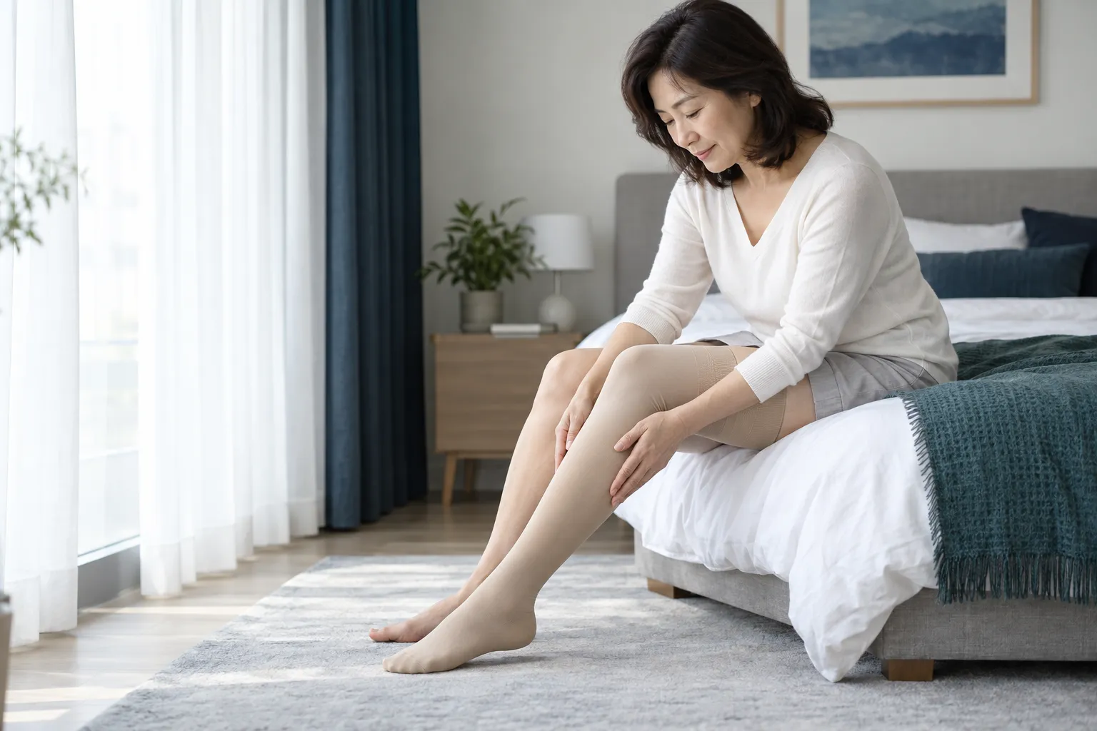 하지정맥류 압박스타킹 착용 상태를 확인하는 환자